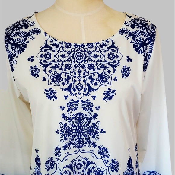 floral detailed White/blue long sleeves tunic dress Size S - Picture 3 of 4